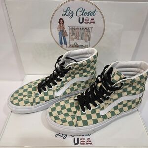 Vans Women's Green and Cream Checkered High-Tops